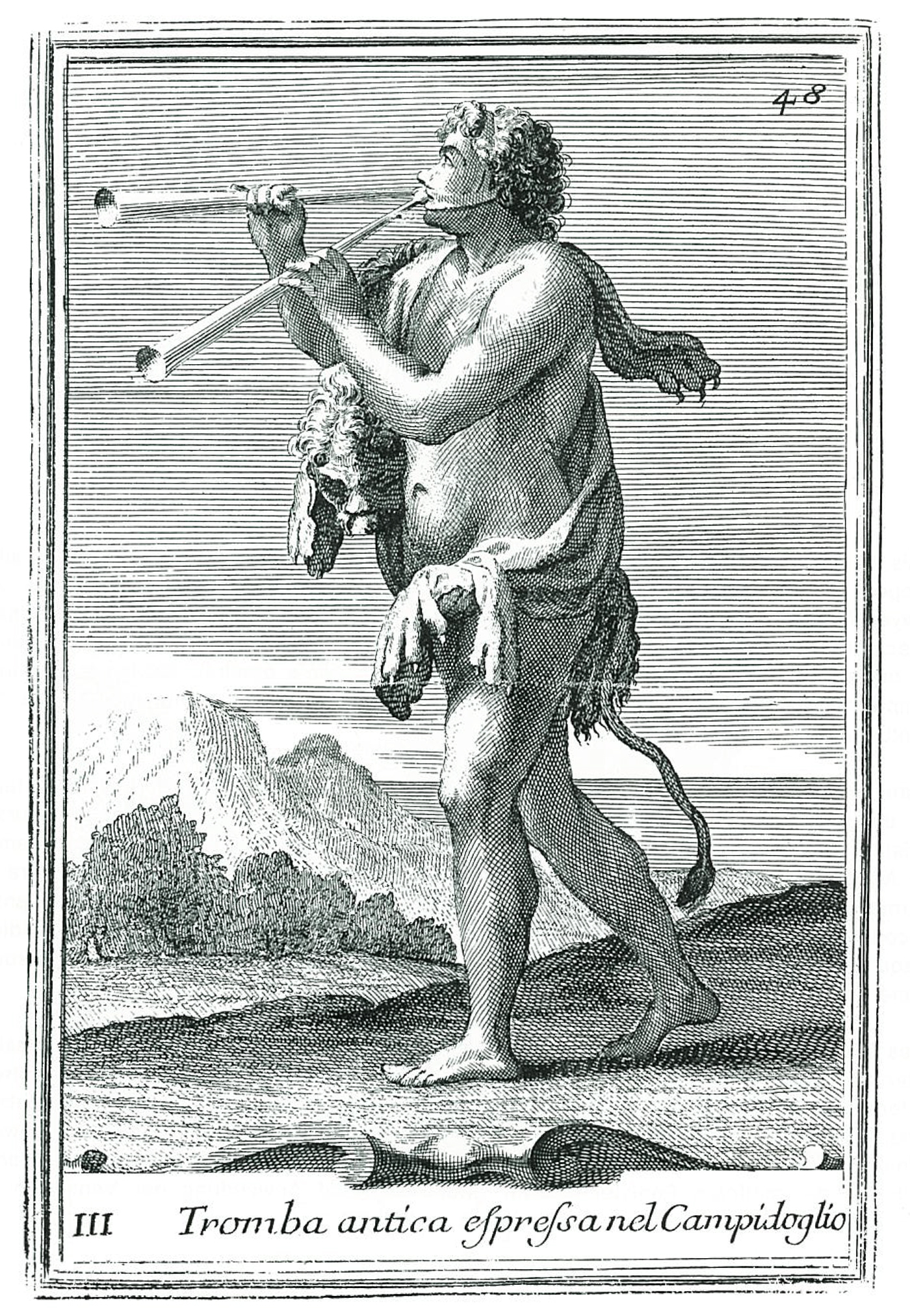Contrairement à ce que prétend son titre, cette gravure ne montre pas une trompette, mais un double-aulos, dont les tuya...