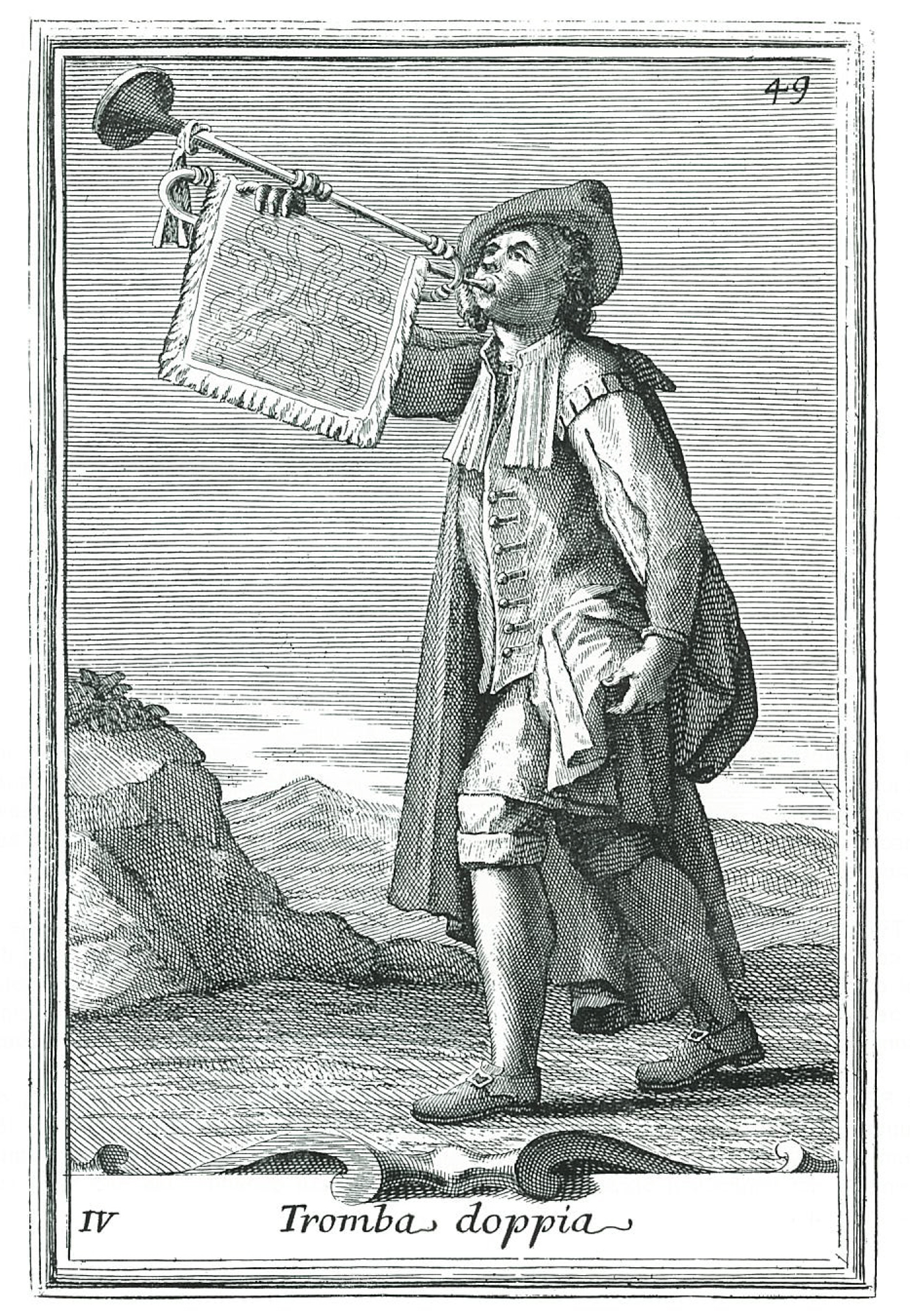 Cette gravure représente la trompette du début du XVIIIe siècle. Un tuyau de laiton ou d'argent coudé de façon habile. M...