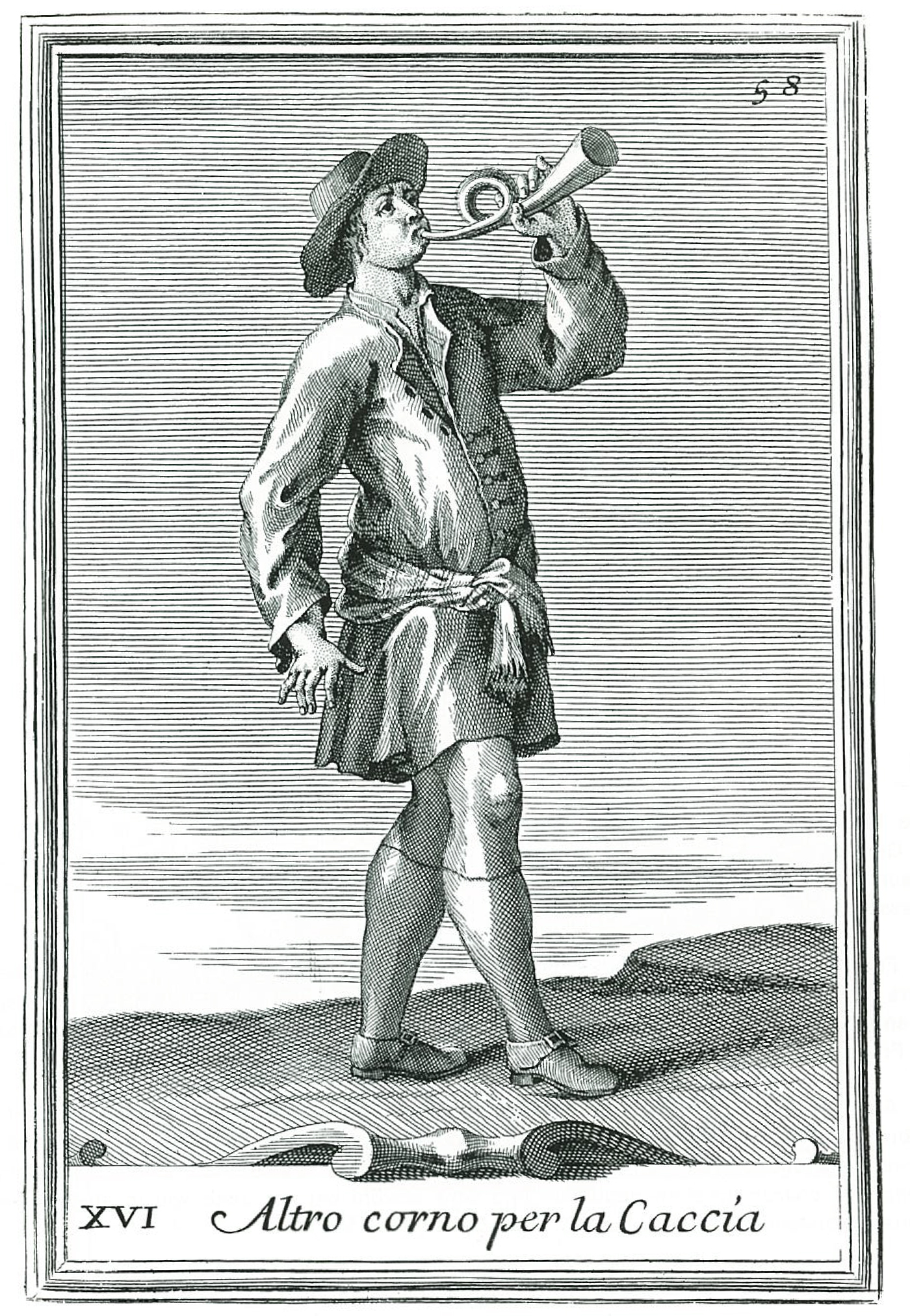 Bonanni prétend que ce petit cor d'appel coudé était bien plus efficace pour les courriers et les chasseurs que son préd...