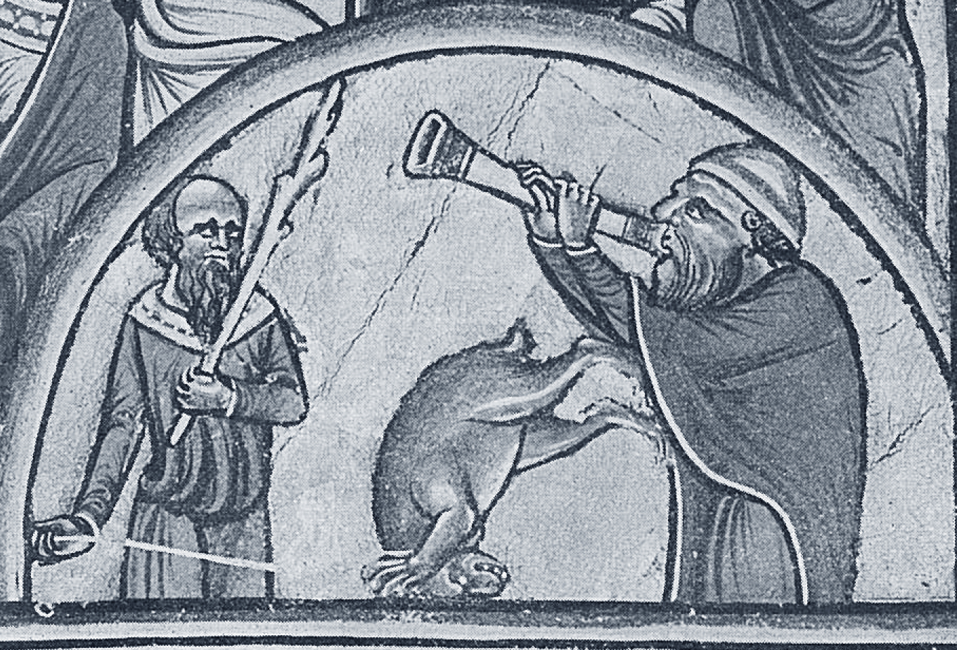 3. Tierdressur. Spielmann mit einem Blasinstrument (die Lippen sind an der Ansatzstelle zu sehen). Funktion der greifend...