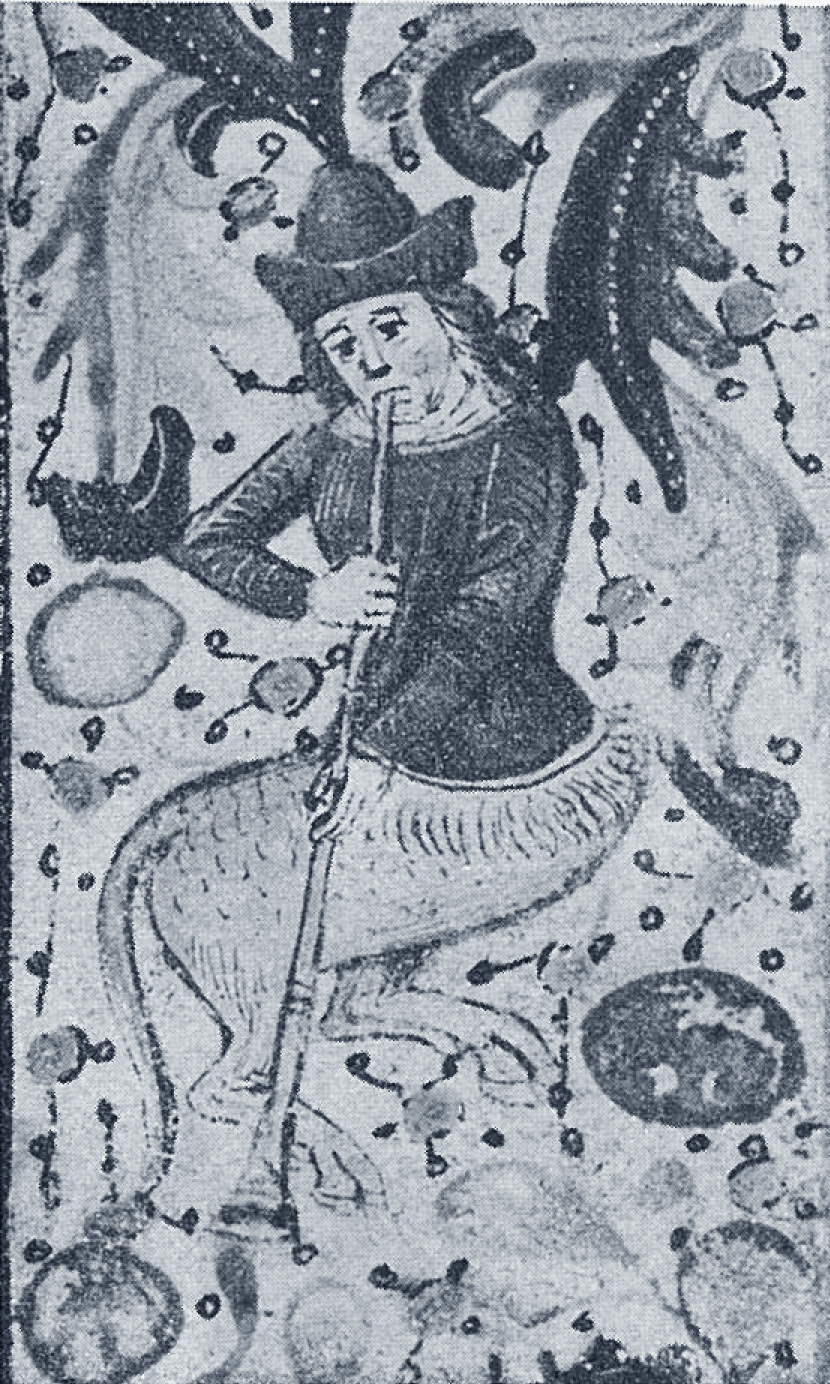 5. Zentaur mit Langtrompete. Um 1470. Darmstadt, LB, Hs. 1968; livre d'heures, Bruges, fol. 13, bordure.