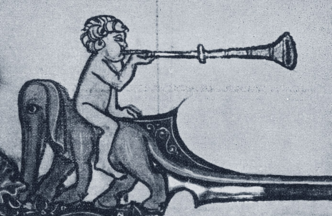 7. Scherzfigur mit Langtrompete auf einem kleinen Elefanten reitend. Ende 13. Jh. Paris, Bibl. nat., Cod. fr. 95, anthol...