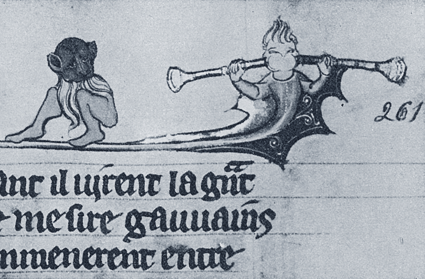 8. Scherzfigur eines menschlichen Rumpfes mit zwei Gesichtern, von denen aus nach rechts und links je eine Trompete gebl...