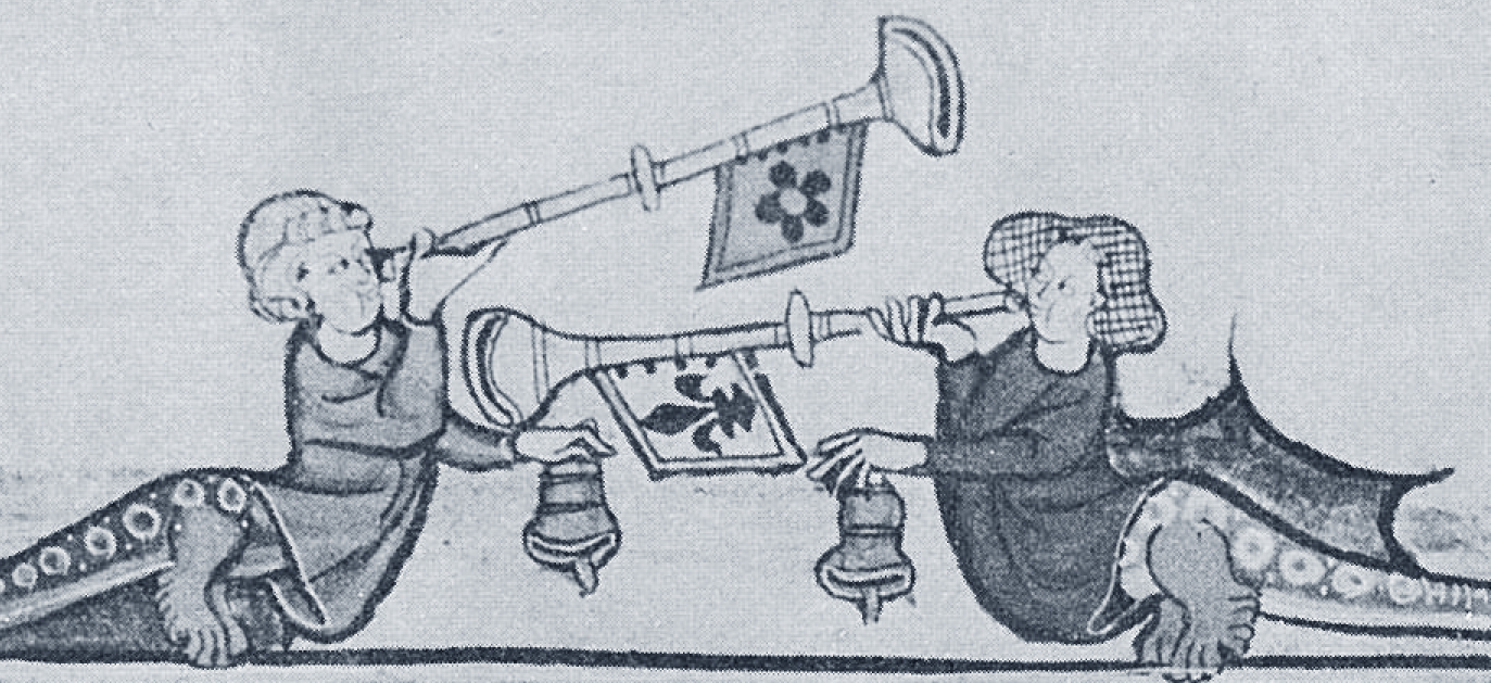 9. Zwei gegenüberstehende Fabelwesen mit Kopf und Oberkörper von Menschen und Füssen von Tieren. Beide Figuren haben in...