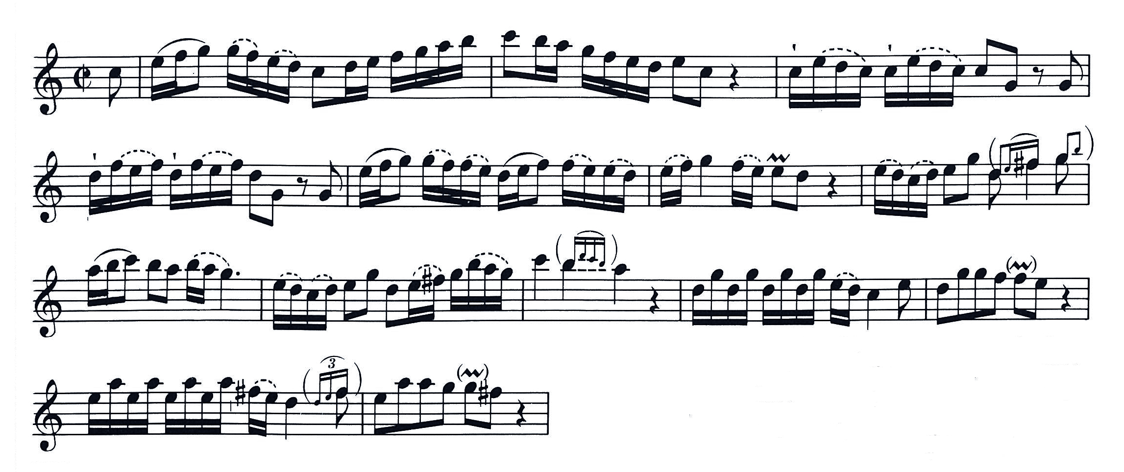 Example 1P.J. Fick, Concerto, Allegro moderato bars 21-34, added slurs; ornaments ( ) and in small notes.