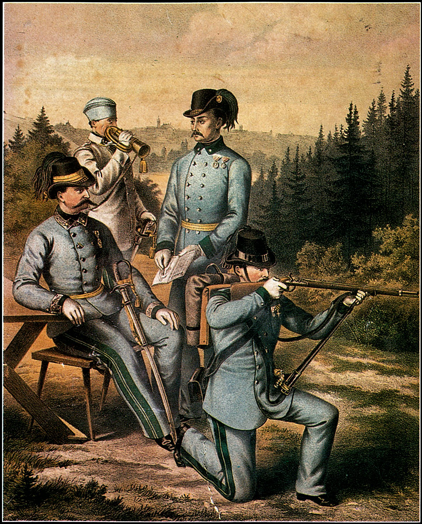 Chasseurs à pied (volontaires tchèques) 1859. Lithographie des presses de la Cour et de l’État, Vienne. (MMB)