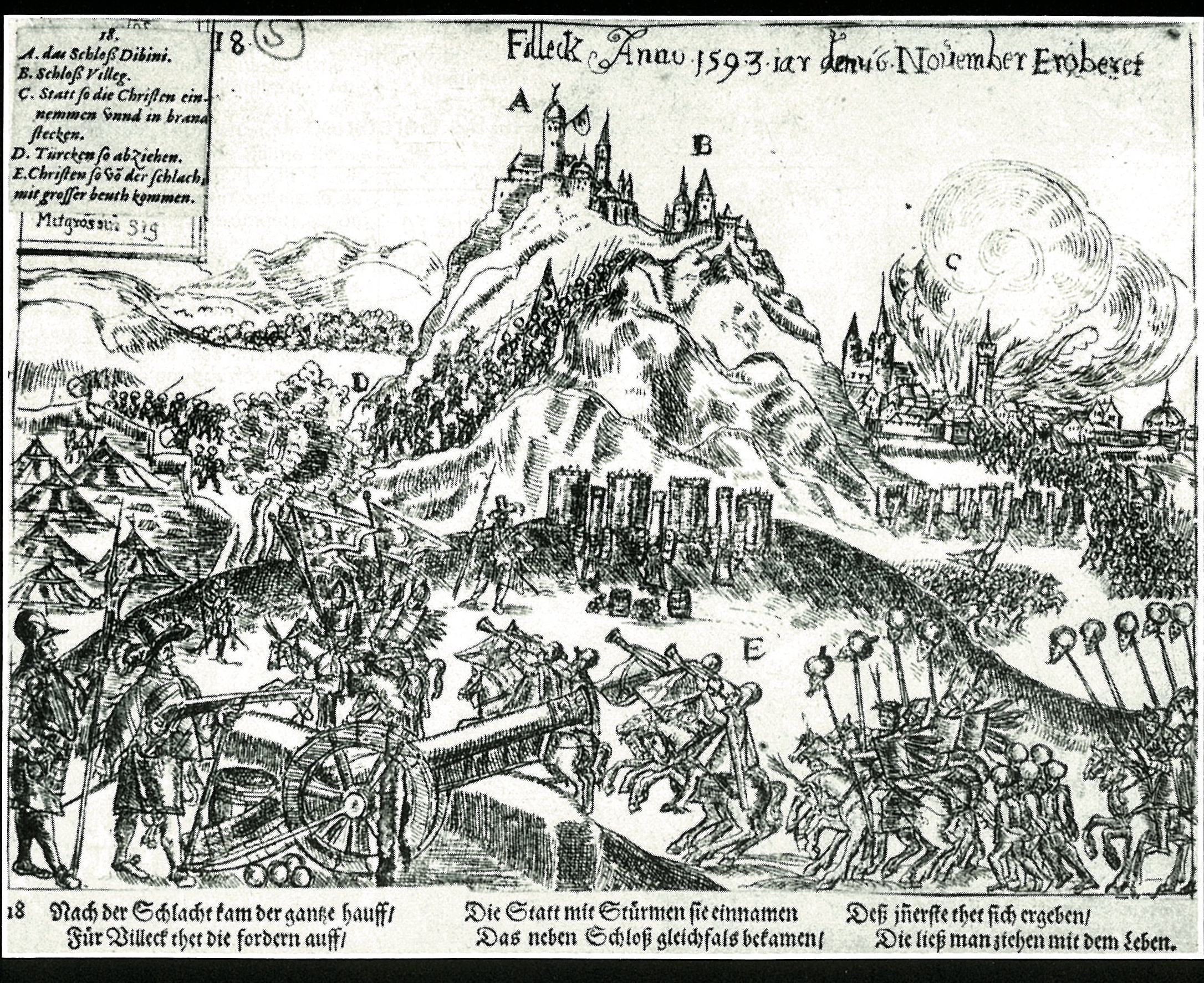 Reconquête du Château du Fülek en 1593. Gravure sur cuivre de Wilhelm Peter Zimmermann. (MMB)