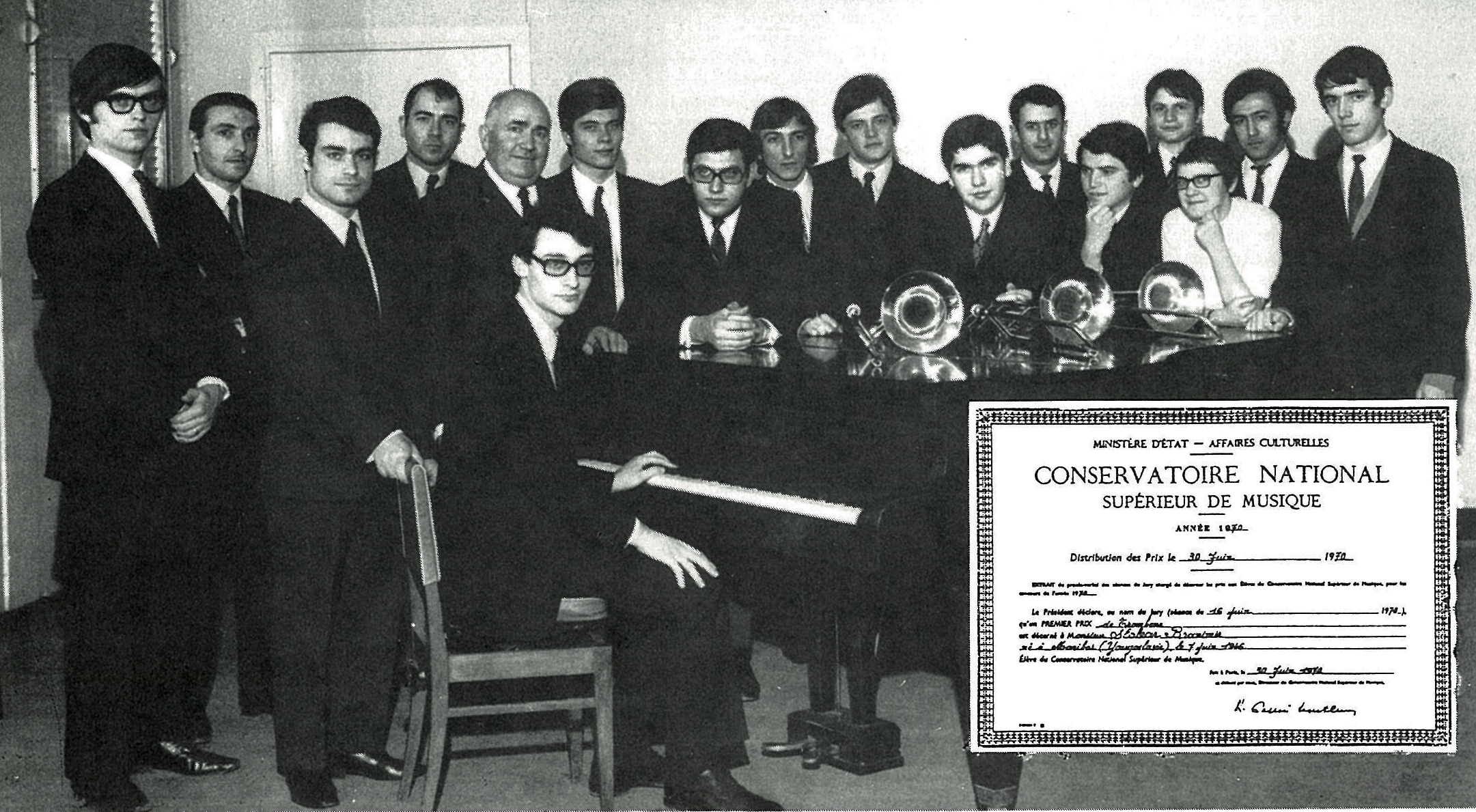 1970 — Paris, CNSMP, Mr. G. Pichaureau’s class.➜ Michel Hemes, Abel Thomas, M. Garzia, Claude Blandin, G. Pichaureau, Fr...