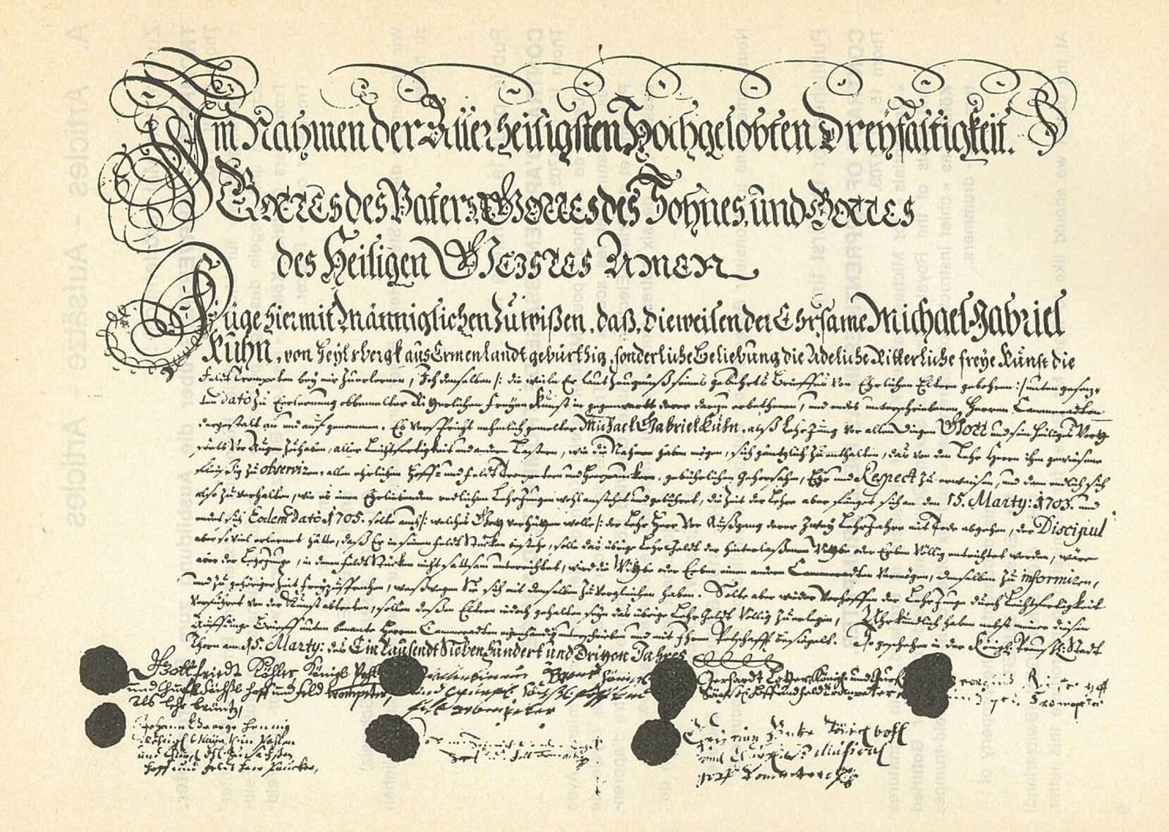 Thorn 15. Ill. 1703. « Credentials » for Michael Gabriel Kuhn of Heilsberg in Ermland. With signatures and seals of the...