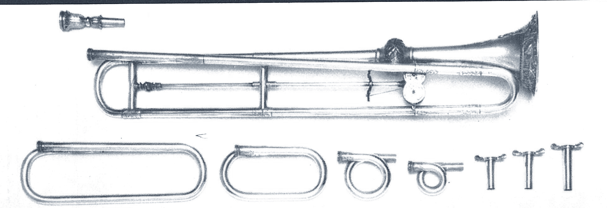 Presentation slide trumpet in sterling silver, signed, inside the bell, “ROBINSON BUSSEL &amp; CO/7, Westmorland st Dublin”. Made c. 1840. Bell diameter 11,3 cm. Length 59,3 cm. Engraved, in a panel on the bell garland, “PRESENTED BY/Lieut. Col. Jackson K.H./&amp; the Officers of the Carabineers/TO TRUMPET MAJOR WM COWEN/ as a mark of their approbation of his/most exemplary conduct during/a service of 37 Years in the Regt./NOVR 1840.”