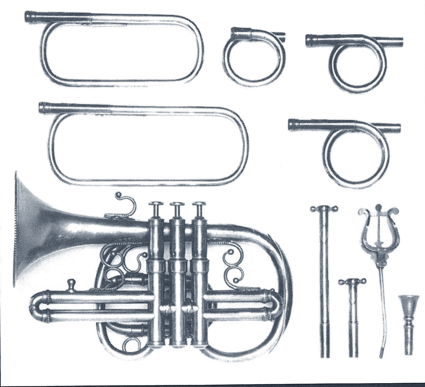 Cornet in brass with three piston valves (Perinet type), with ornate garland &amp; fittings. Signed: “E. COURTOIS JNE RUE BICHAT 8 BIS PARIS.” Made c. 1850.