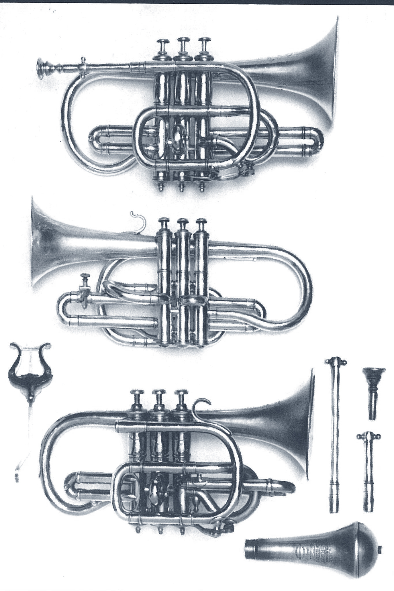 Cornet in brass with three piston valves (Perinet type). Signed “DISTIN &amp; CO’S/Patent Light Valve/CORNET/APPROVED BY/Levy/MANUFACTORY 9 &amp; 10 GRT NEWPORT ST/LONDON/6401”. Made c. 1865. Cornet in silver plated brass with three piston valves (David’s patent). Signed: “David Brevete à Paris”; also engraved with a ‘MD’ monogram. Made c. 1866. Cornet in brass with three piston valves (Perinet type). Signed “HENRY KEAT &amp; SONS/ 105 &amp; 103/ MATTHIAS RD/ STOKE NEWINGTON GN/ LONDON/N”. Made c. 1890.