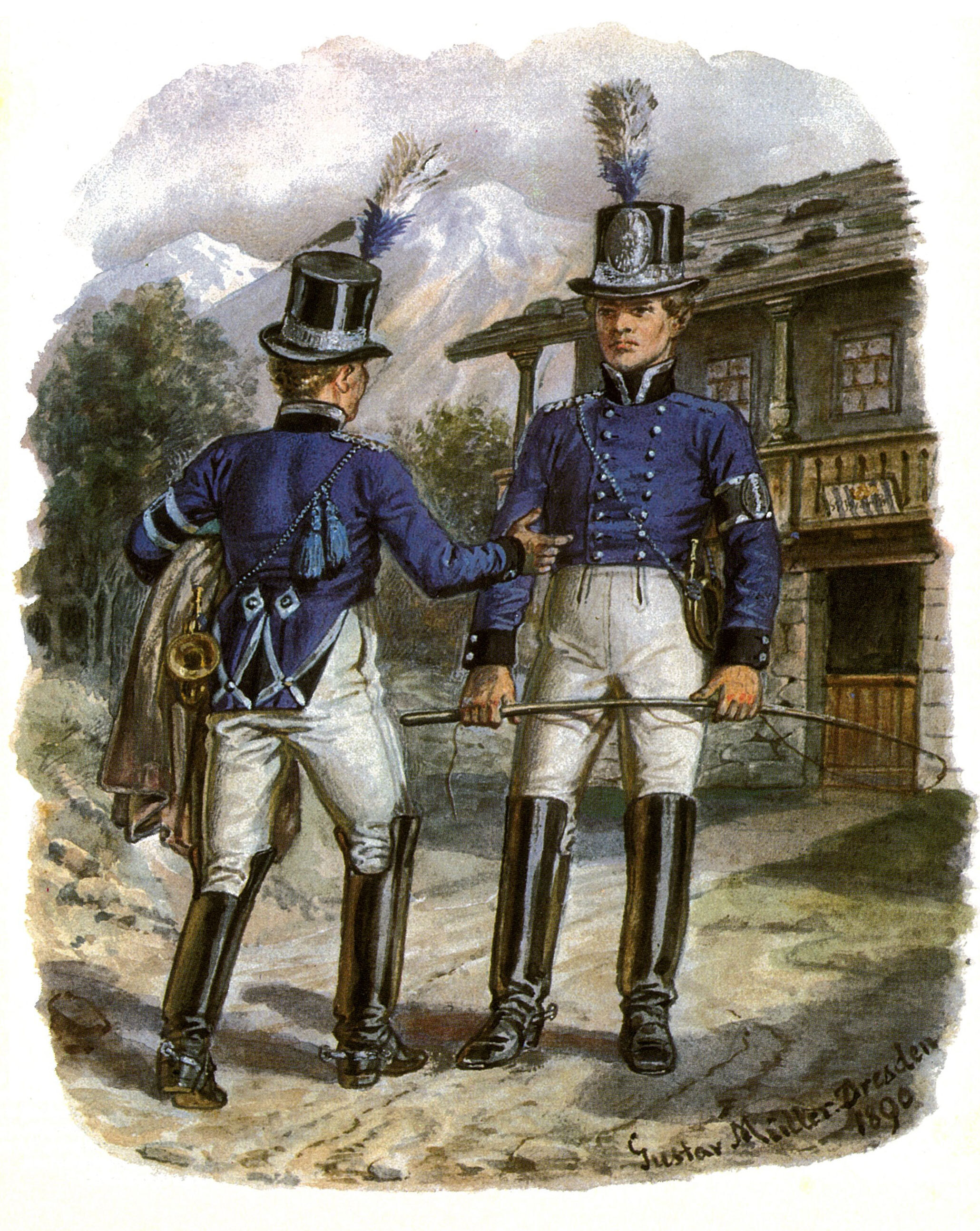 “Bavarian postilions around 1850”. Watercolour (1890) by Gustav Müller. Original in Bundespostmuseum, Frankfurt-am-Main, FRG.